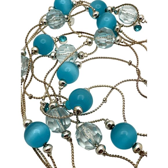 Extra Long Blue Silver-Tone Necklace Clear Beads Delicate Elegant - Picture 1 of 5